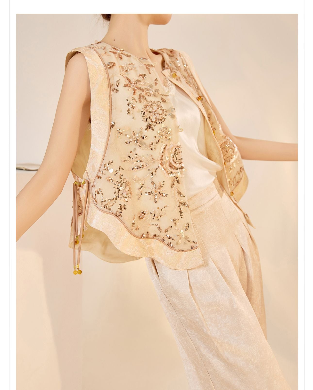 National Style2025Summer New Beaded Embroidery New Chinese Style Sequin Mermaid Skirt Vest Pants Set