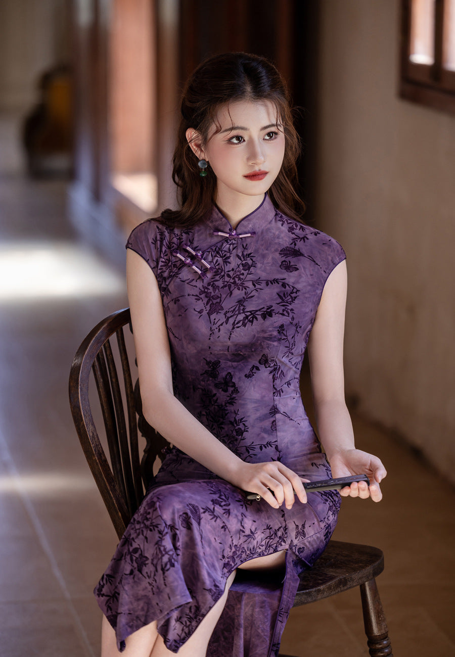 Autumn Elegant Cheongsam – Purple Retro Crescent Sleeve Dress