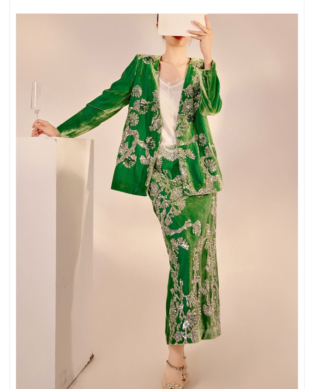 2025 Spring New Chinese Beaded Embroidered Silk Cardigan & Skirt Set