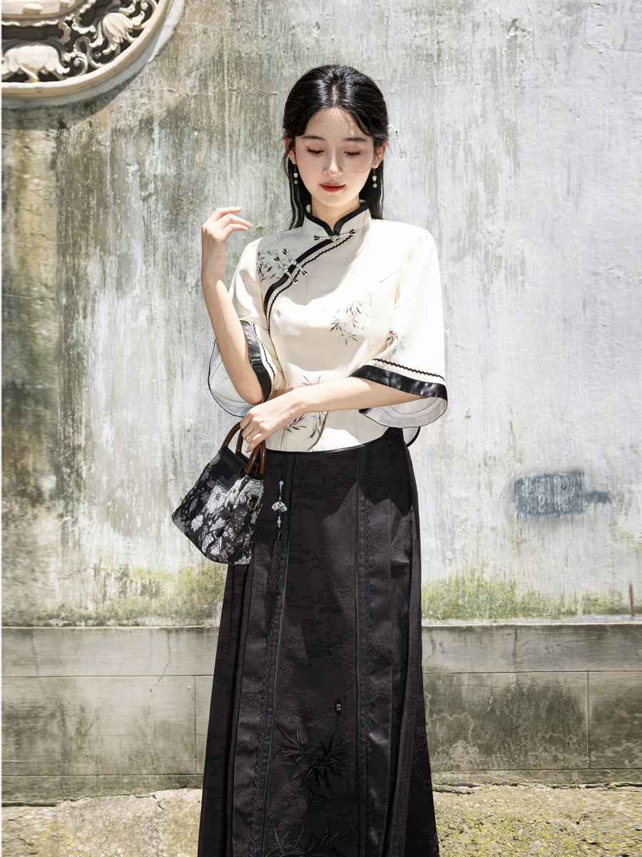 Elegant Improved Cheongsam Top & Hanfu Ink Design Skirt Set