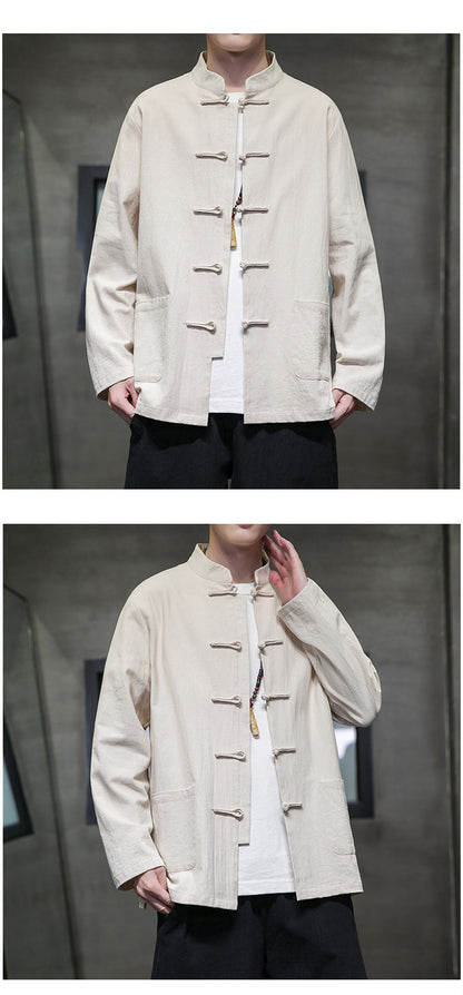 Mens Autumn Chinese Style Hanfu Tang Suit Button Up Cotton Linen Top
