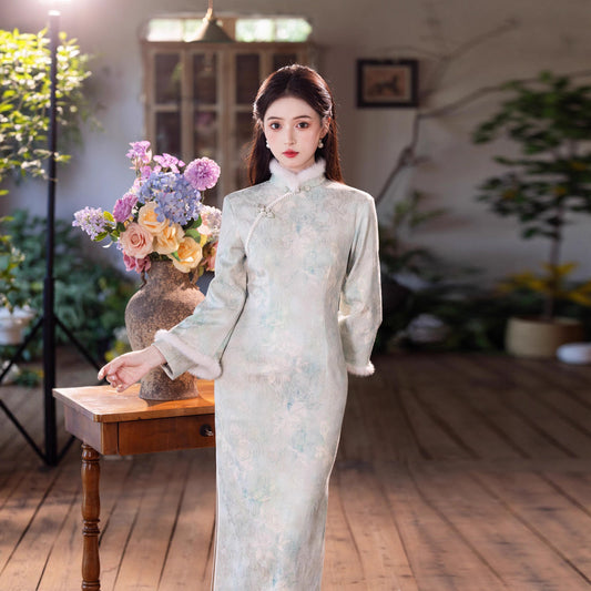Elegant Satin Beaded Winter Qipao | Fleece-Lined Thickened Long Dress