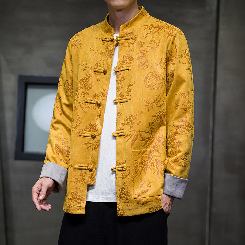 Chinese Style Mens Retro Tang Suit Button Printed Velvet Coat