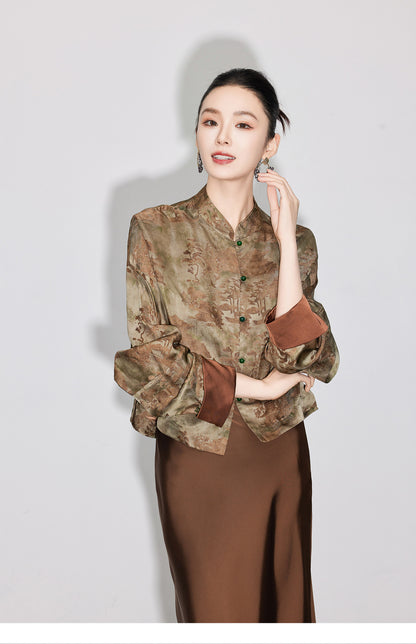 Stylish National Style Jacquard Blouse for Women