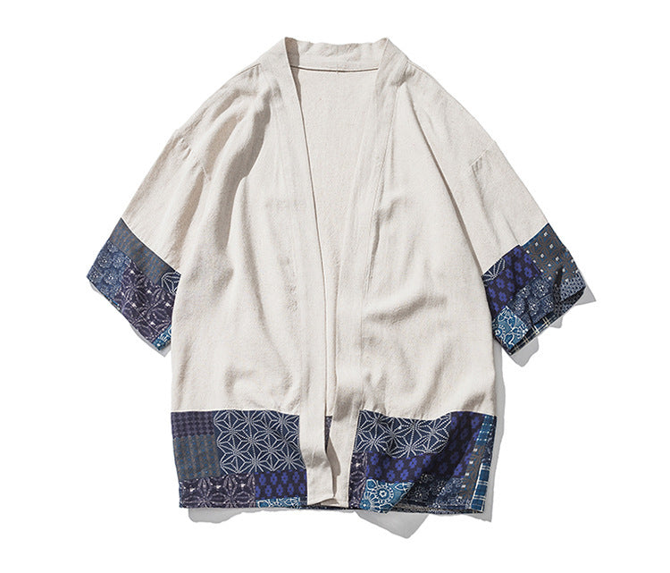 Summer Chinese Hanfu Cardigan Men’s Cotton Linen Patchwork Robe