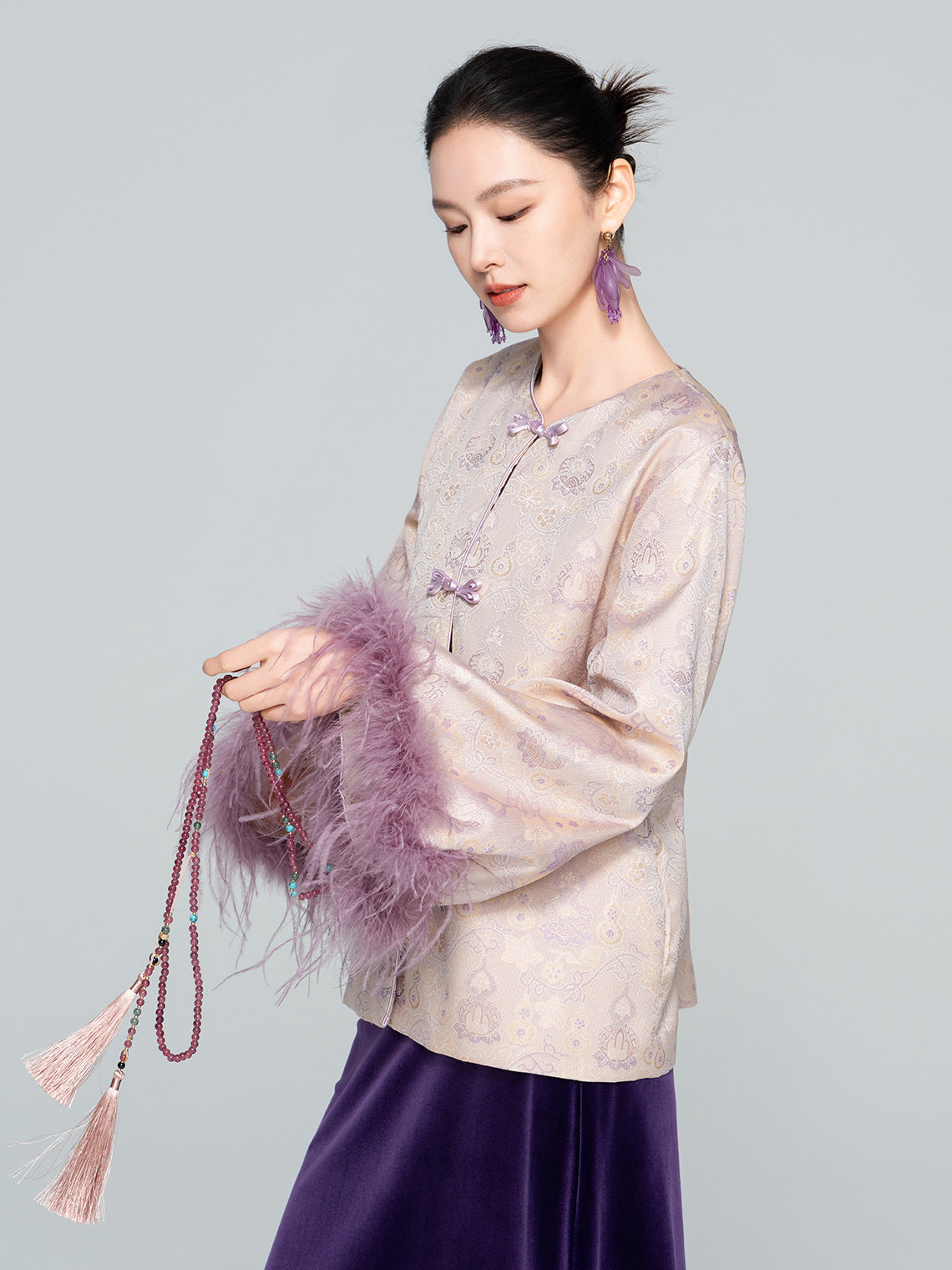 Stylish Satin Jacket with Unique Furry Sleeves