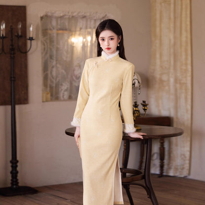 Yellow Fleece-Lined Qipao | Winter Thickened Long Sleeve New Chinese Style 2025