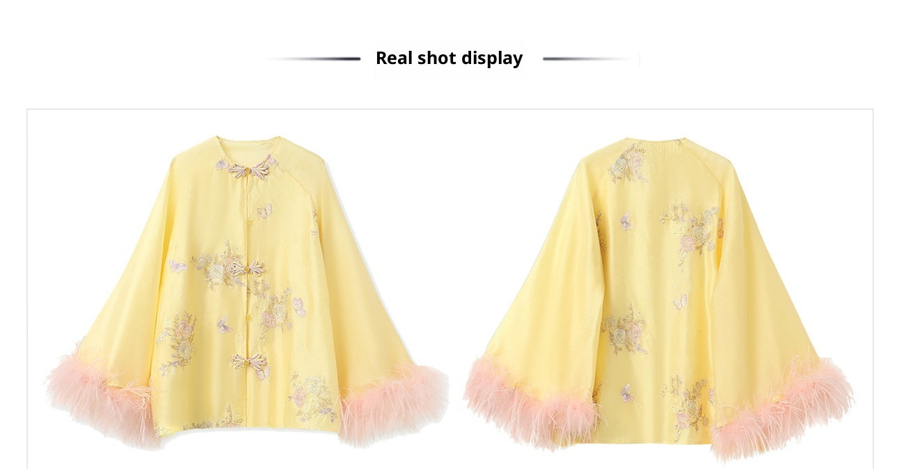 New Chinese Embroidered Feather Sleeve Patchwork Top & Skirt Set