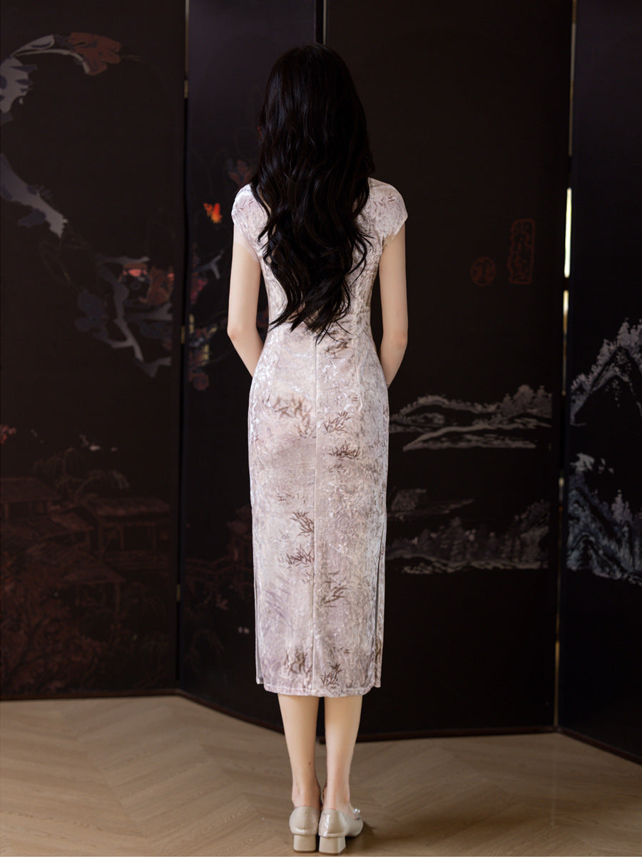 Improved Chinese Style Qipao – Everyday Wear Pink Velvet Dress