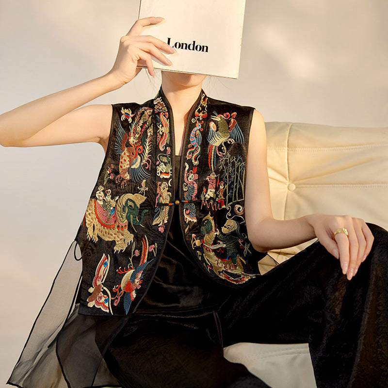 2026 New Chinese Style Silk Embroidered Mesh Patchwork Vintage Vest