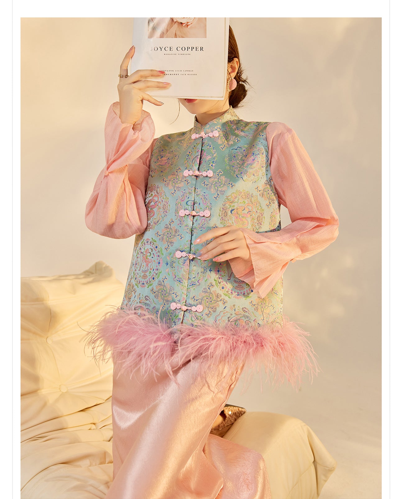 Ostrich Feather Detachable Vest – Elegant New Chinese Style Top