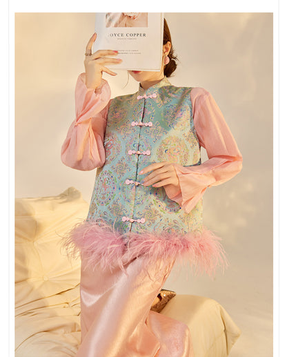 Ostrich Feather Detachable Vest – Elegant New Chinese Style Top
