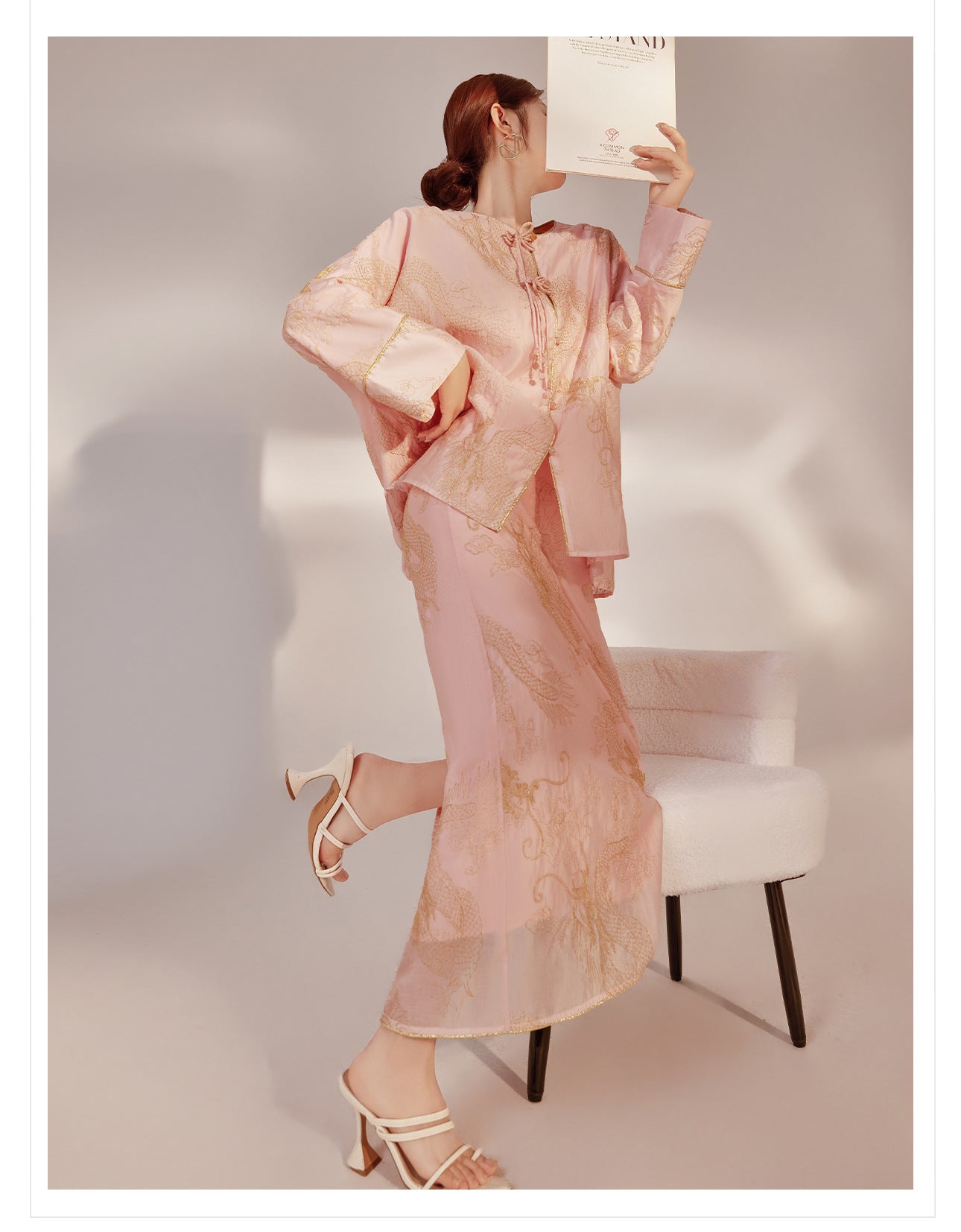 New Chinese Style Dragon Embroidered Shirt & High Waist Skirt Set