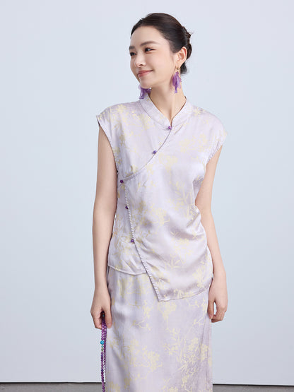 High-End Waist-Cinching Jacquard Top with Asymmetrical Collar