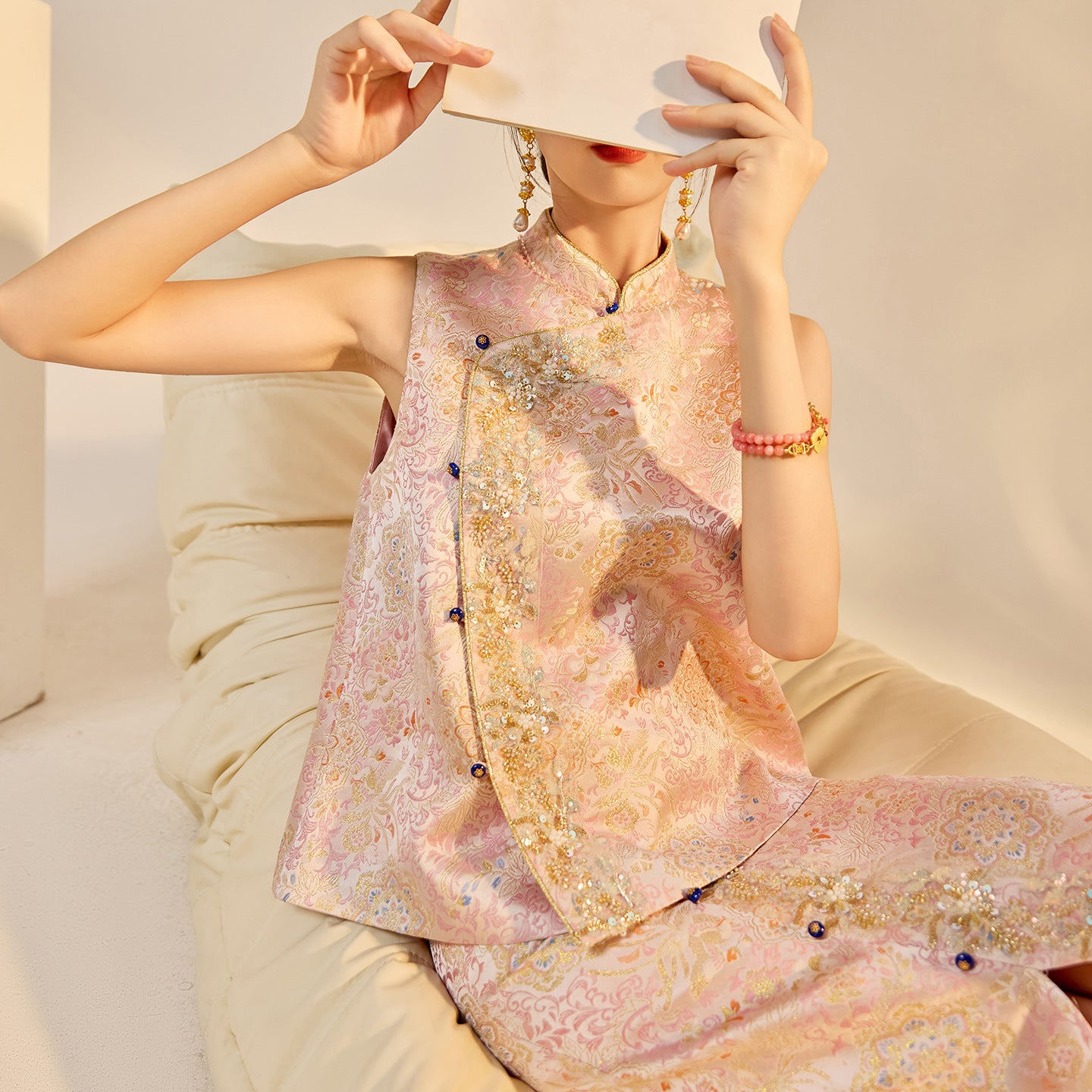 Elegant Beaded Asymmetrical Vest & High Waist Skirt Set