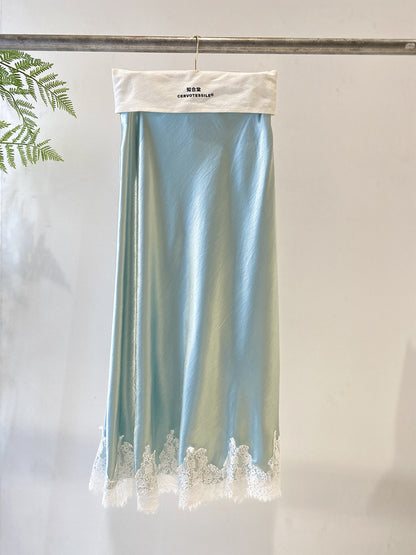 Elegant High-Waist Satin Lace Patchwork Skirt