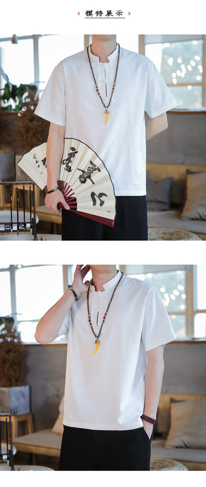 Chinese Style Mens Cotton Linen Tang Suit Short Sleeve Casual T Shirt