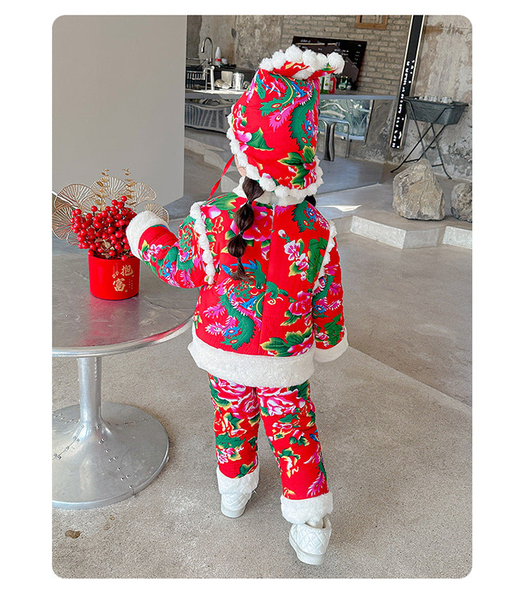 Northeast Floral Girls Padded Jacket Winter Rabbit Ear Four-Piece