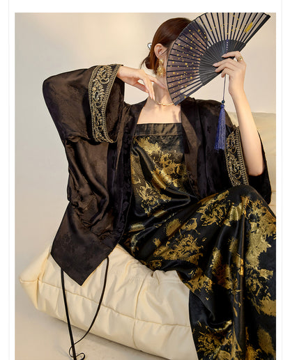 Summer New Chinese Printed Rayon Shirt & Strap Dress Set