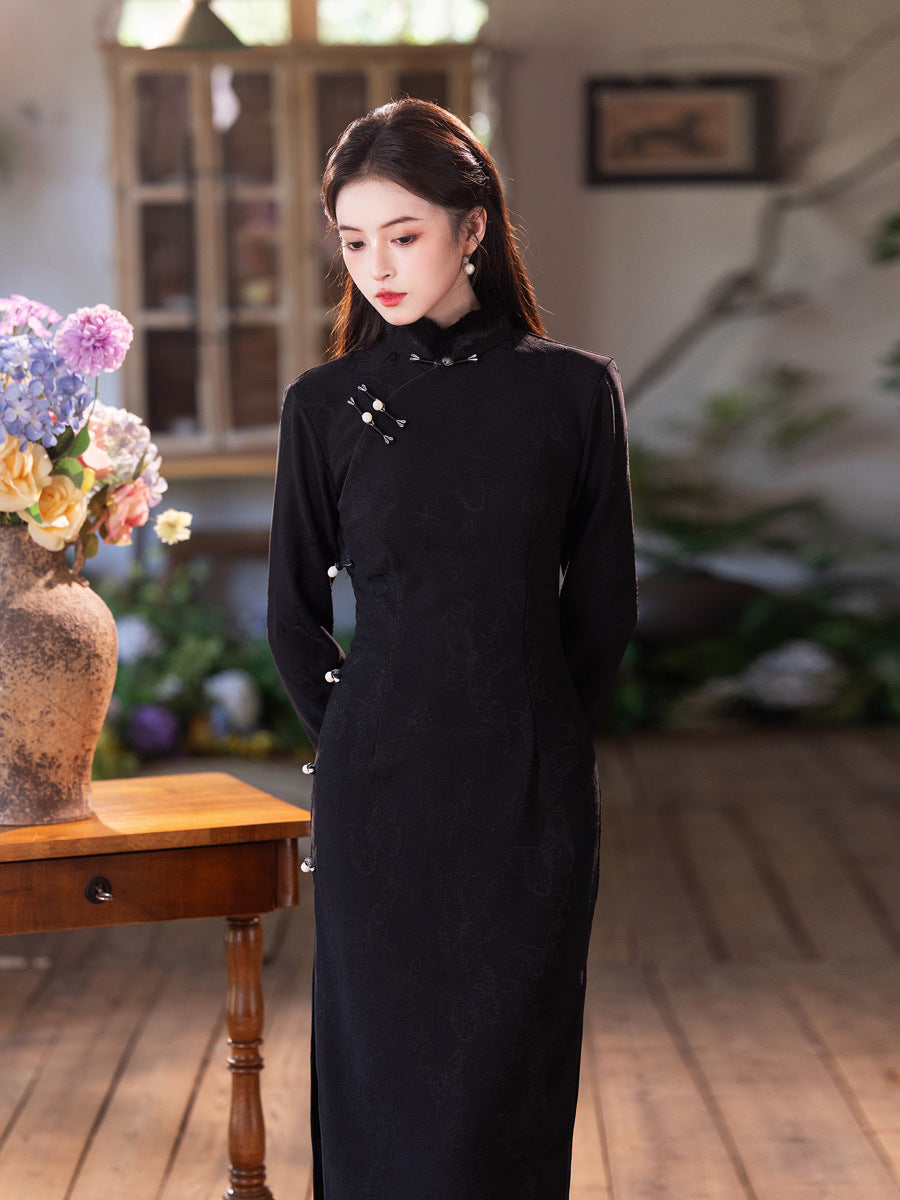 2025 New Black Thickened Cheongsam | Elegant Daily Warm Winter Dress
