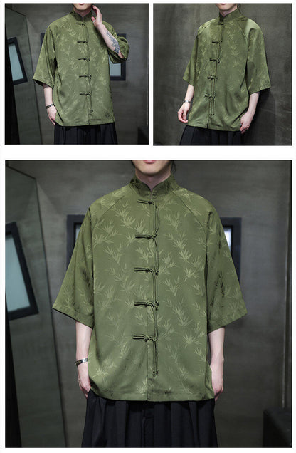 Summer Chinese Style Ice Silk Jacquard Tang Shirt Mens Stand Collar Top