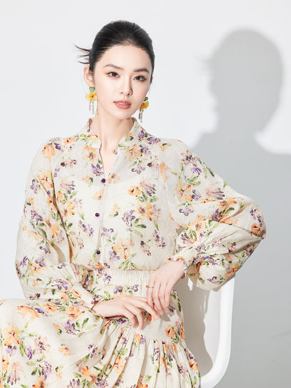National Style Linen Floral Shirt & Skirt Two-Piece Set
