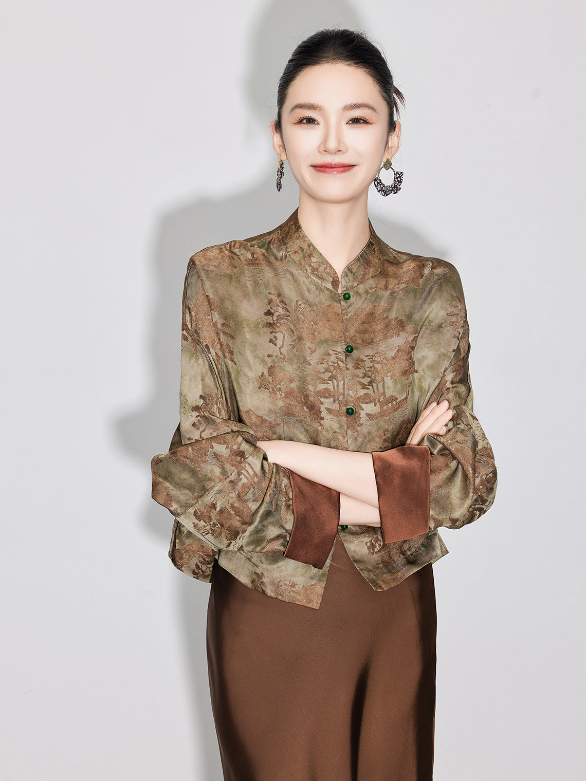 Stylish National Style Jacquard Blouse for Women