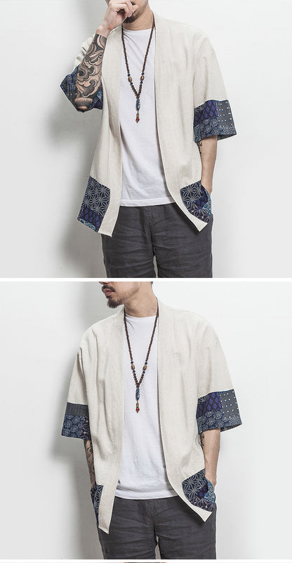 Summer Chinese Hanfu Cardigan Men’s Cotton Linen Patchwork Robe