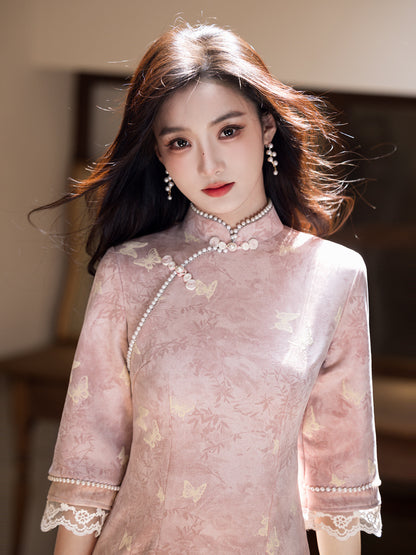 Republic of China Style Pink Cheongsam – Autumn Youth Dress