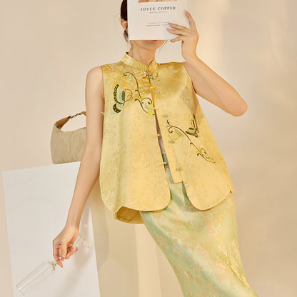 High-End Embroidery Stand Collar Vest & Jacquard Mermaid Skirt