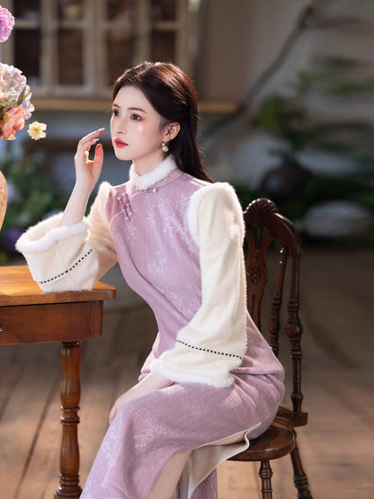 Thick Flared Sleeve Long Cheongsam | Youth New Chinese Style Winter Dress
