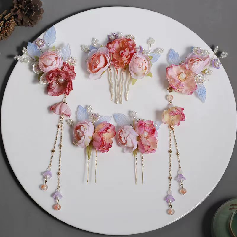 Hanfu Hair Accessories Pink Silk Flower Hairpin Tassel Side Clip