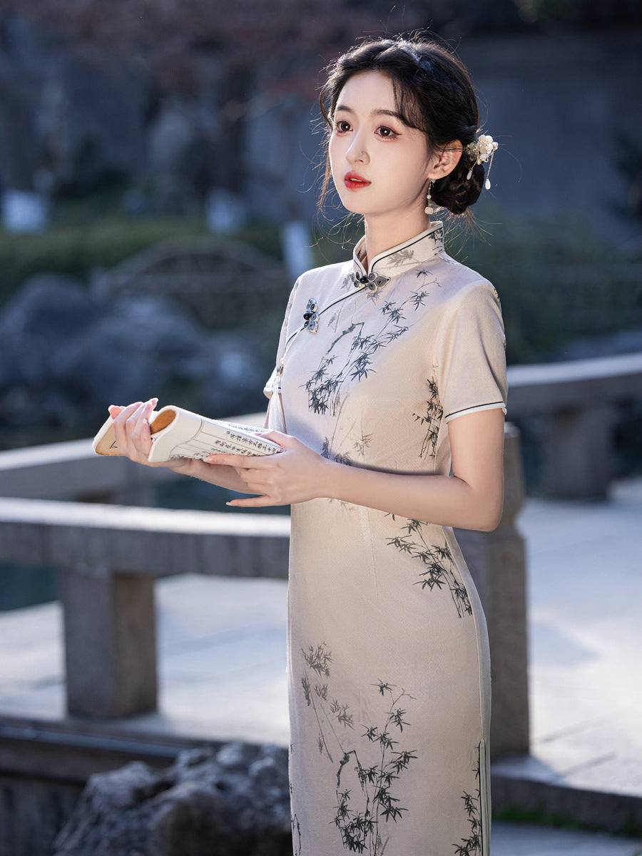 Asymmetrical Long Cheongsam – High-End Elegant Daily Dress