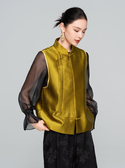 Elegant Stand Collar Button Sleeveless Layered Vest