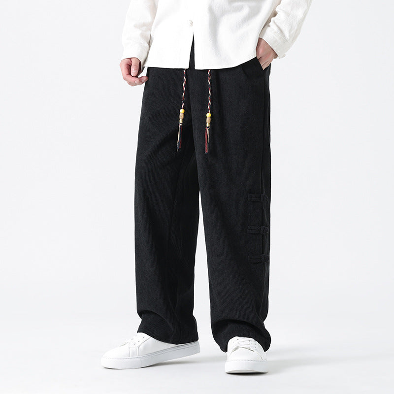 Chinese Style Mens Button Corduroy Pants Large Size Casual Sweatpants