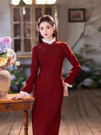 2025 New Red Velvet Cheongsam | Daily & Engagement Warm Dress