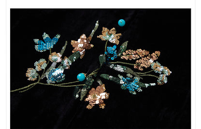 Elegant New Chinese Satin Floral Sequin Loose Black Top