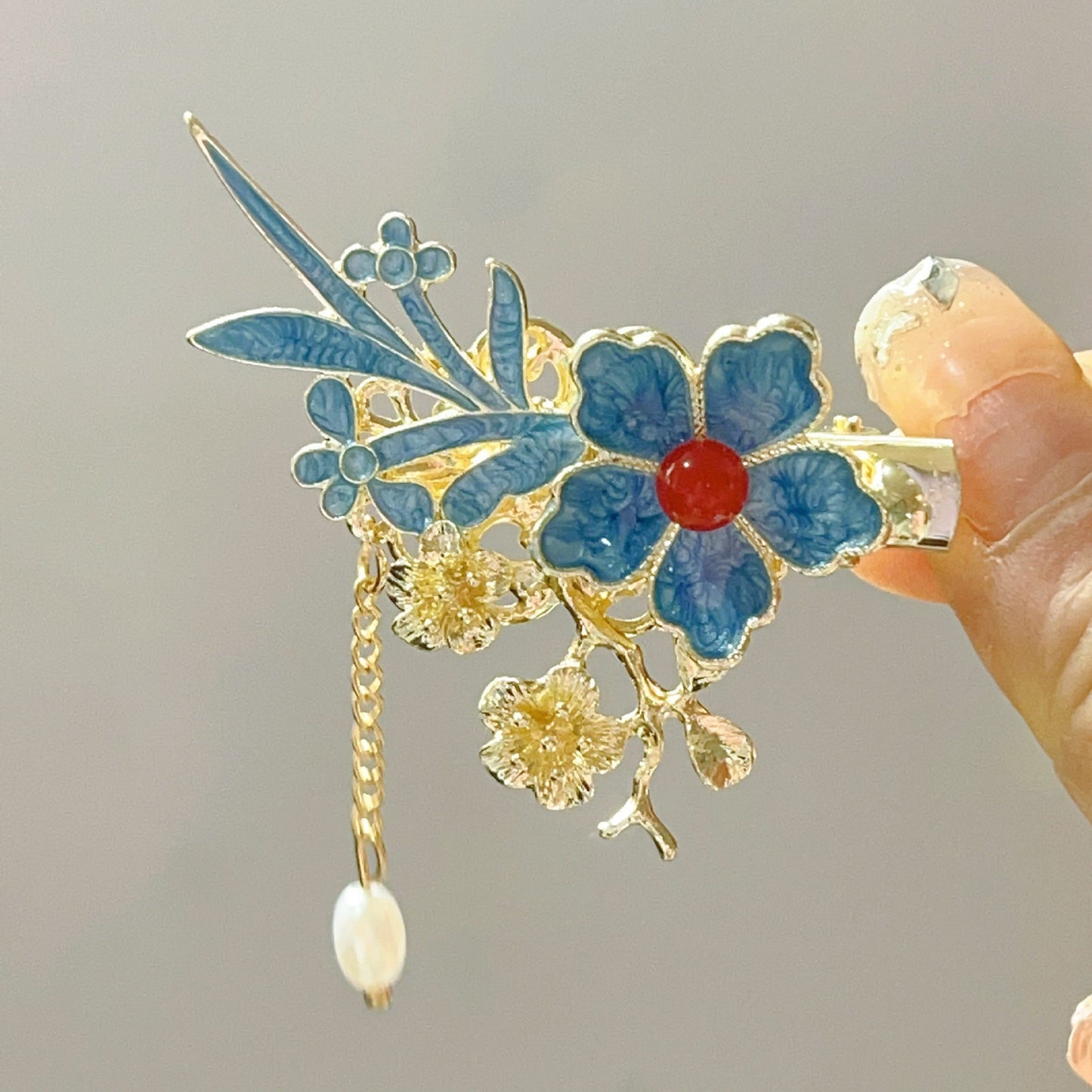 Blue Enamel Hair Clip Chinese Style Pearl Tassel Butterfly Hairpin