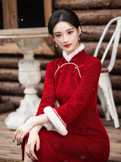 2025 New Improved Qipao – Warm Red High-End Autumn Winter Style