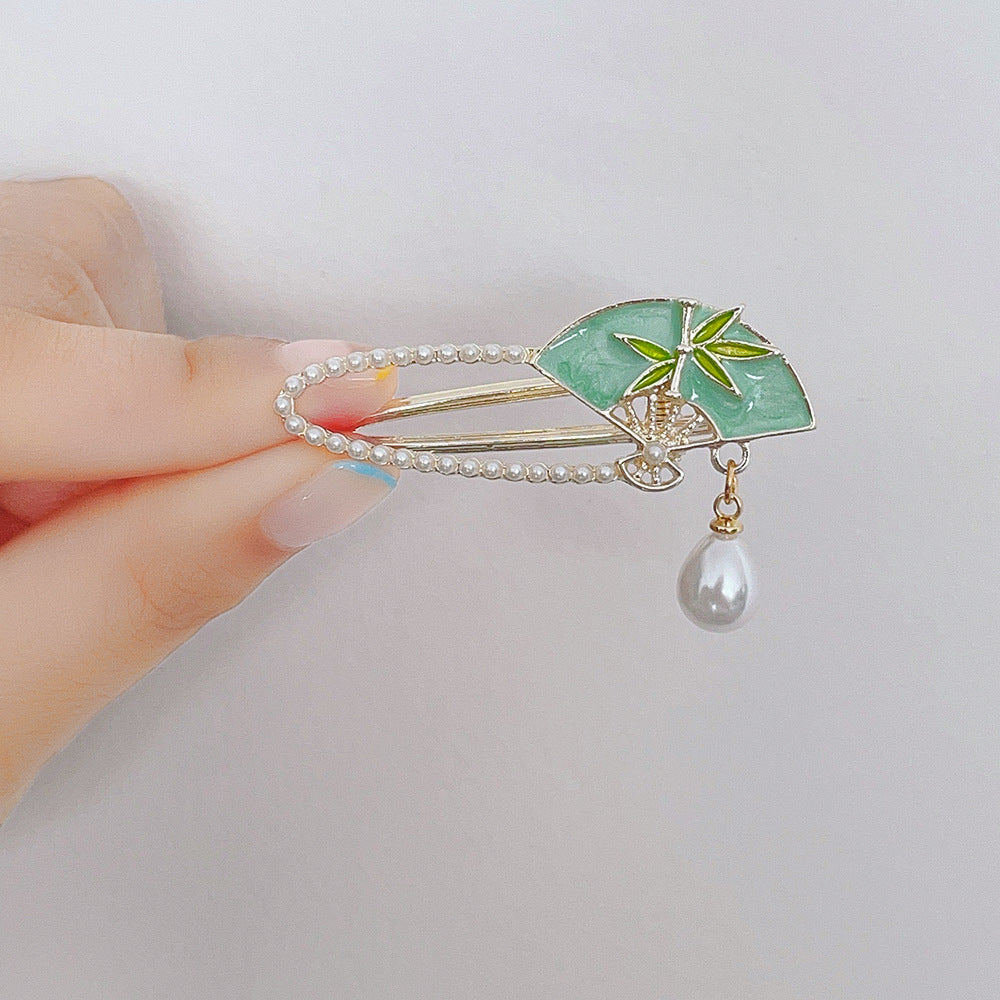 Blue Enamel Hair Clip Chinese Style Pearl Tassel Butterfly Hairpin