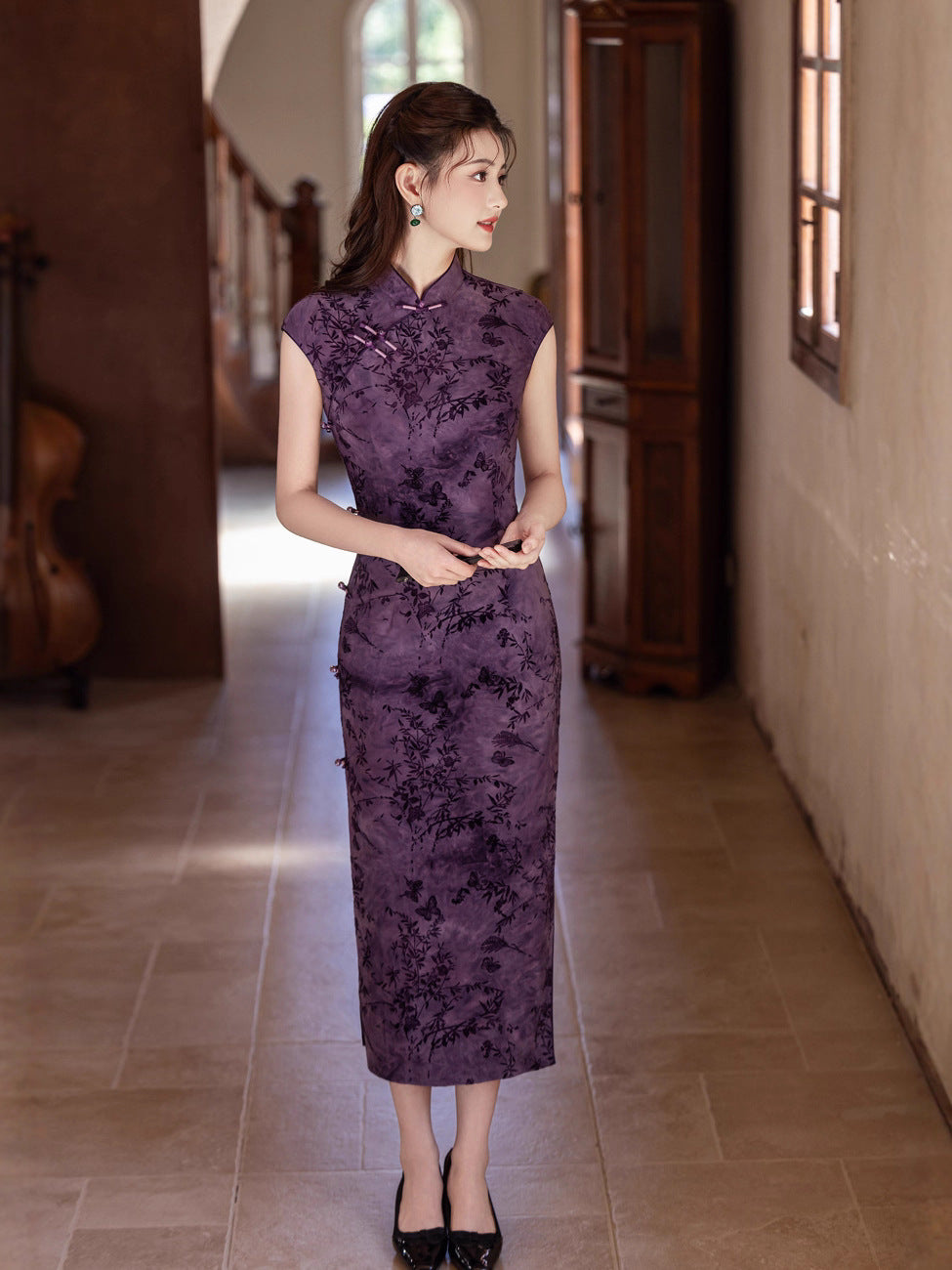 Autumn Elegant Cheongsam – Purple Retro Crescent Sleeve Dress