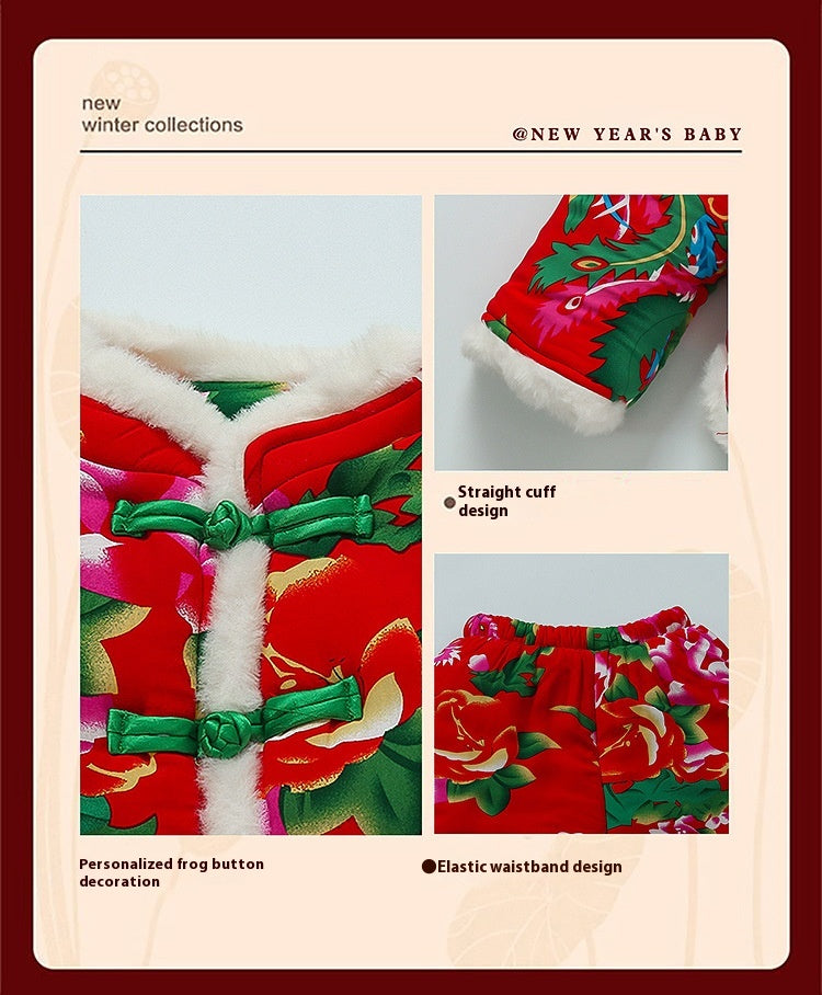 Winter Girls Floral Jacket & Pants Thickened Two-Piece Set