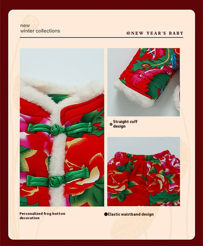 Winter Girls Floral Jacket & Pants Thickened Two-Piece Set