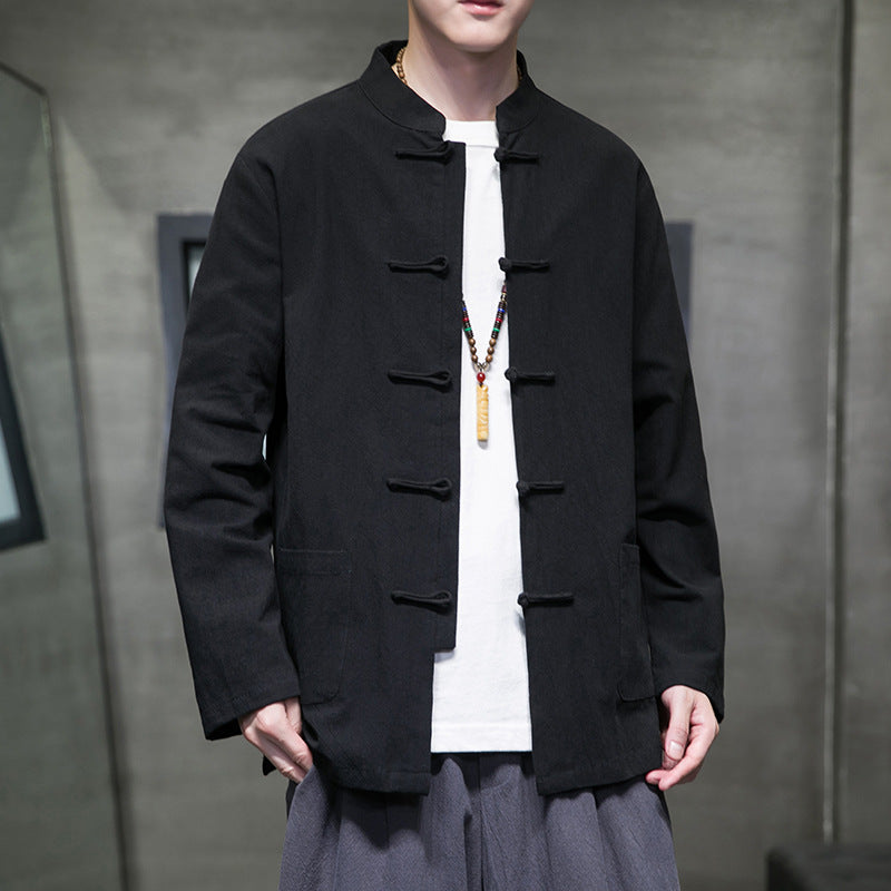 Mens Autumn Chinese Style Hanfu Tang Suit Button Up Cotton Linen Top