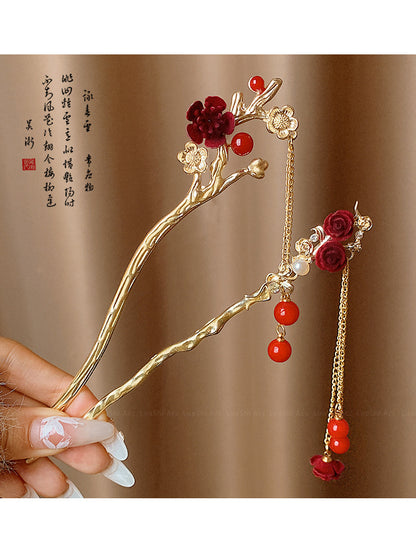 Velvet Rose Hairpin | Elegant Chinese Style Ancient Tassel Ornament