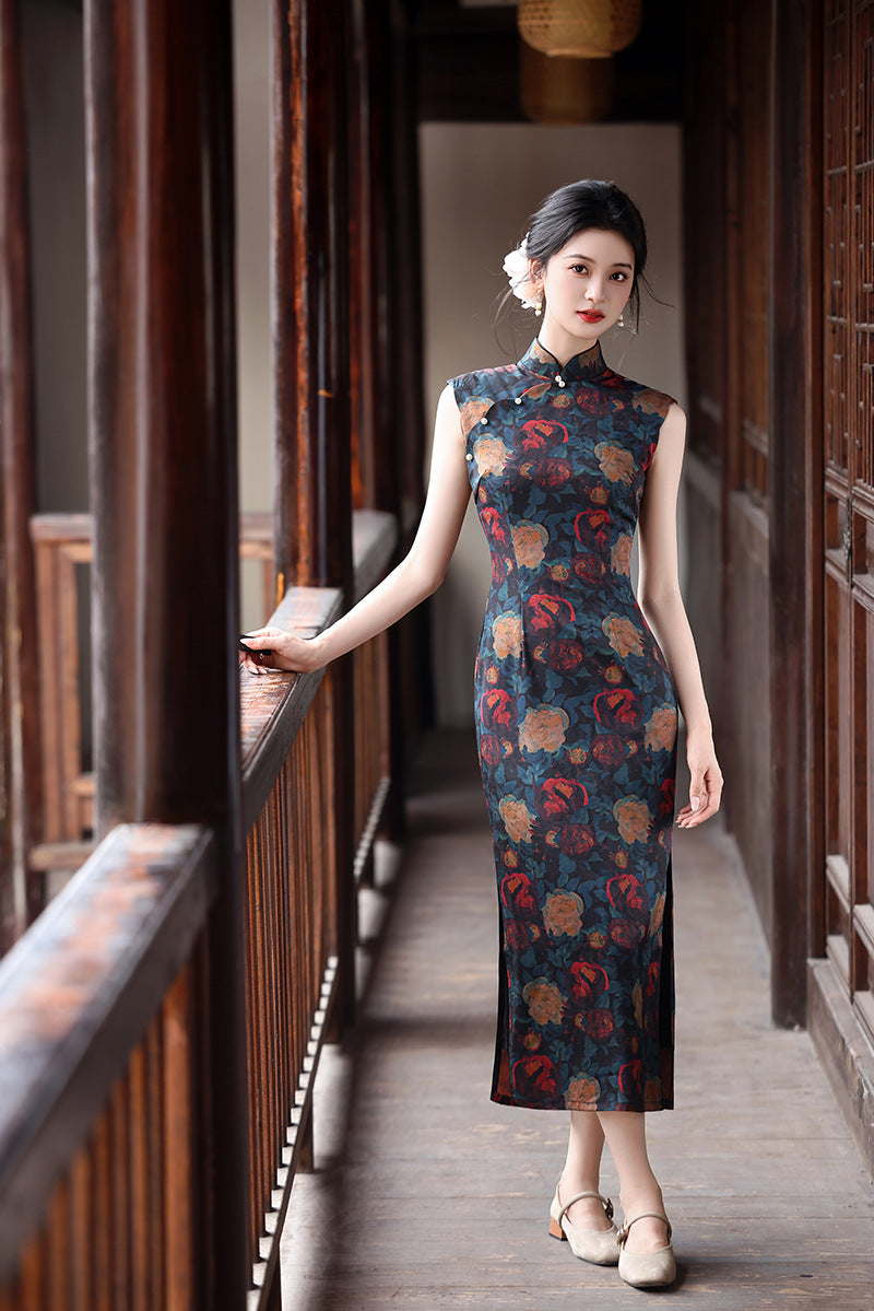 Retro Hong Kong Rose Cheongsam – Sleeveless Youth Dress