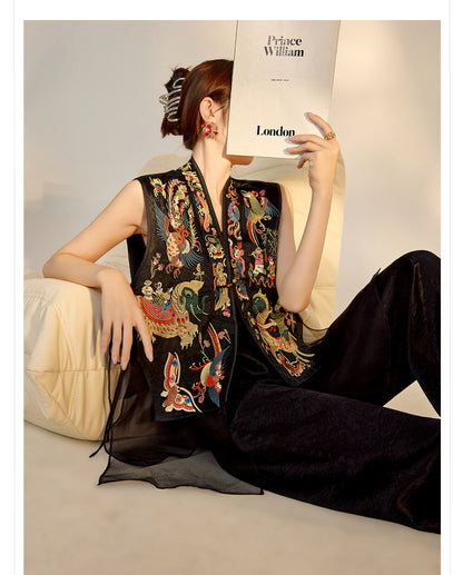 2026 New Chinese Style Silk Embroidered Mesh Patchwork Vintage Vest