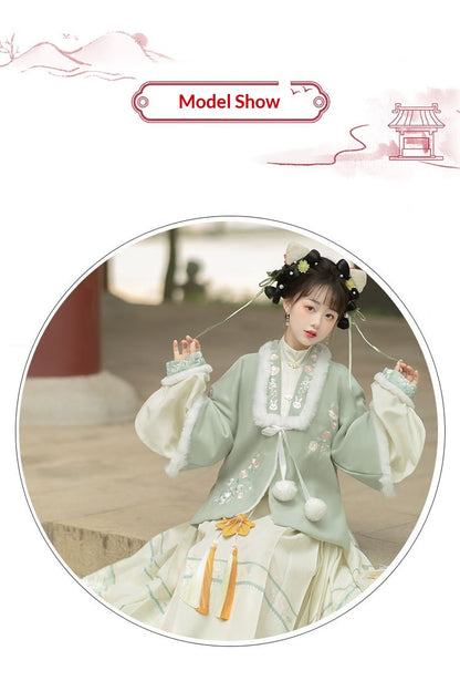 Trees of Sea Women Ming Hanfu Set: Embroidered Stand Collar Jacket & Horse Face Skirt New Year