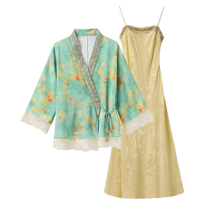 Elegant New Chinese Embroidered Jacquard Cardigan & Strap Dress Set