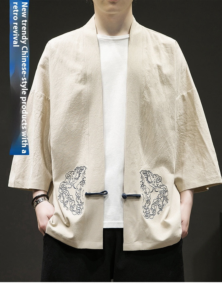 Mens Chinese Style Layman Hanfu Jacket Summer Zen Tea Robe Retro Top